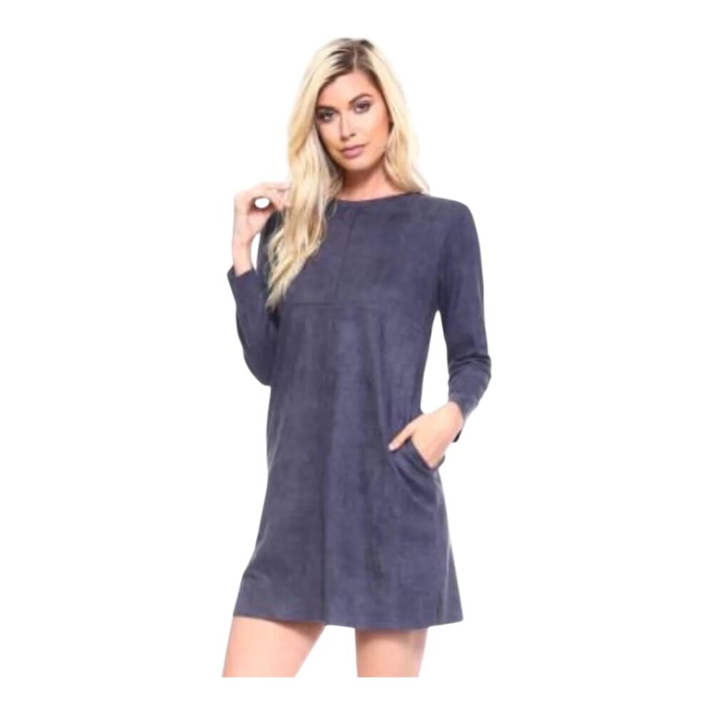 Joh Faux Suede Aurora Dress Long Sleeves Straight Cut Flattering Fit Grey‎ M
